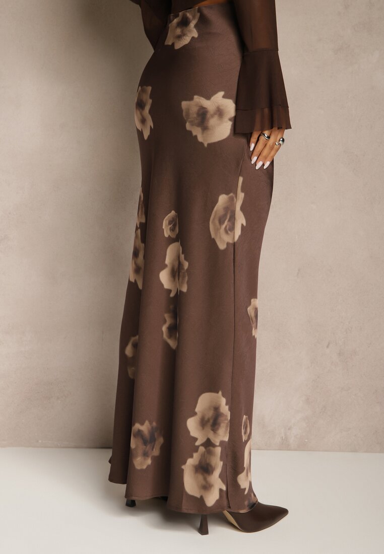 Brązowa Spódnica High Waist w Kwiaty Esania