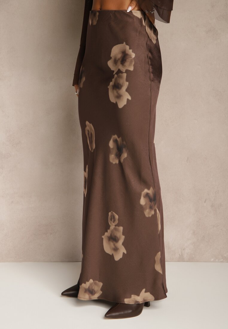 Brązowa Spódnica High Waist w Kwiaty Esania