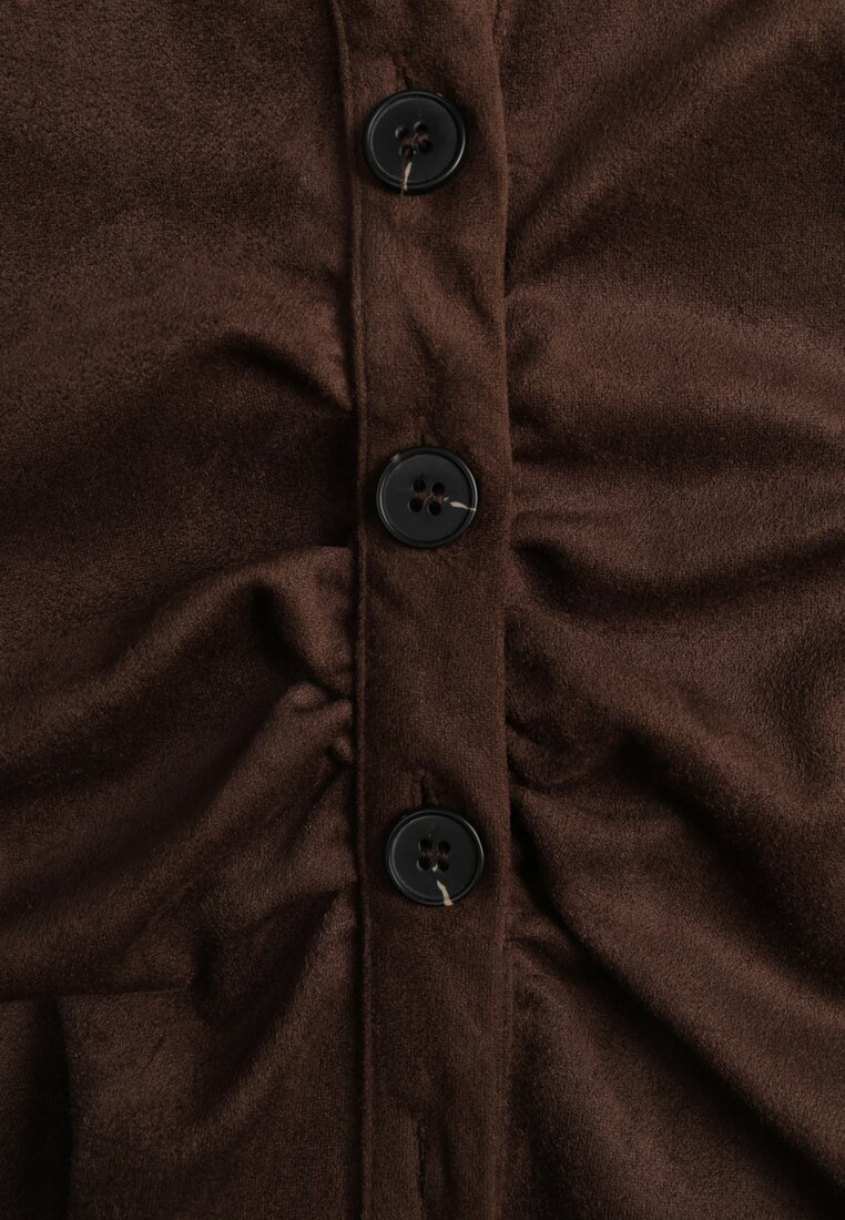 Brązowa Marszczona Sukienka z Imitacji Zamszu o Koszulowym Kroju Esora