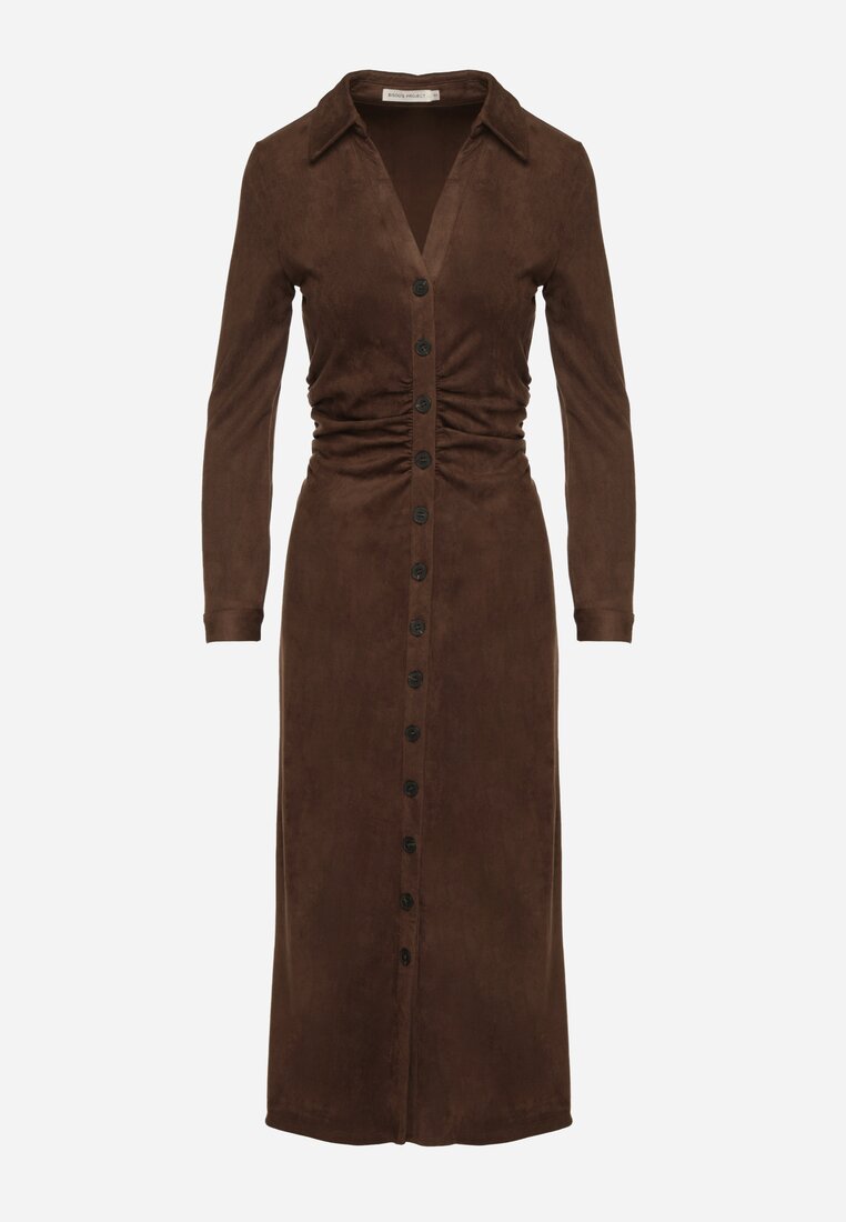 Brązowa Marszczona Sukienka z Imitacji Zamszu o Koszulowym Kroju Esora