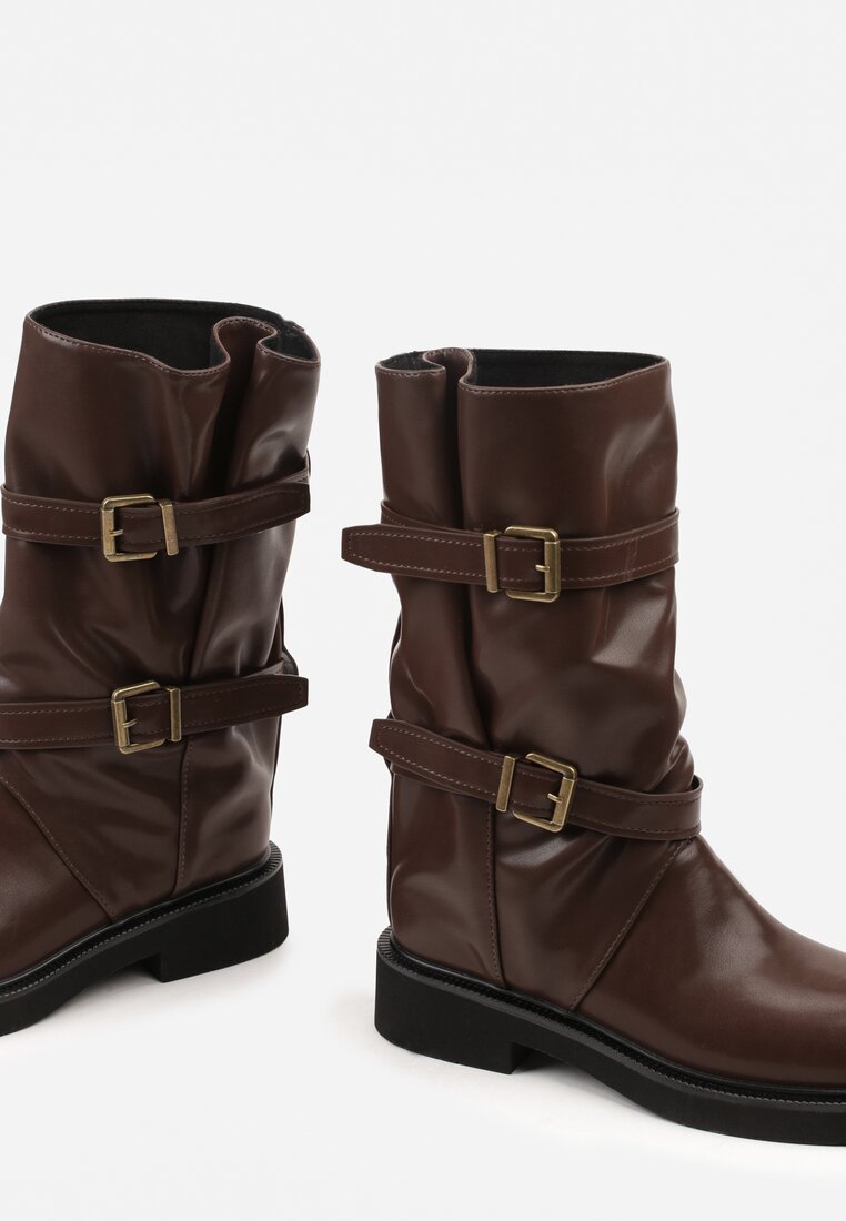 Brązowe Botki Biker Boots z Marszczoną Cholewką i Paskami ze Sprzączkami Sinesa