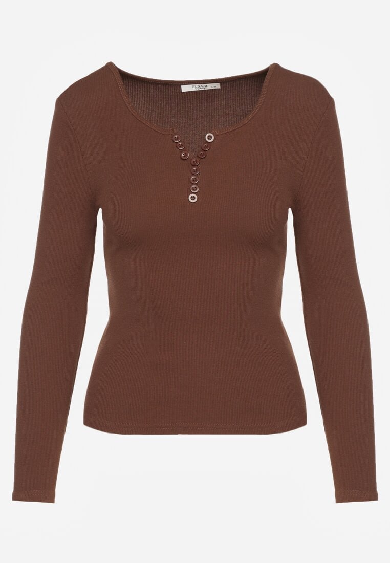 Brązowa Bawełniana Bluzka Longsleeve z Prążkowanej Tkaniny z Guziczkami Amandria