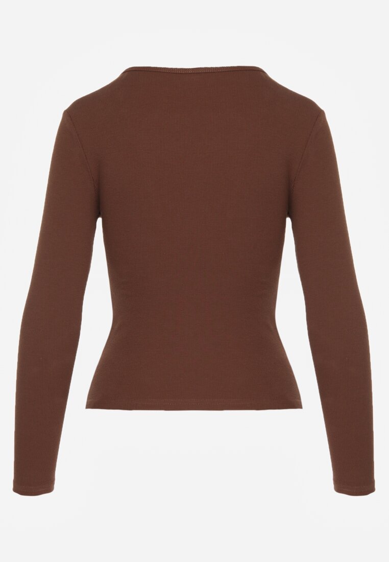 Brązowa Bawełniana Bluzka Longsleeve z Prążkowanej Tkaniny z Guziczkami Amandria