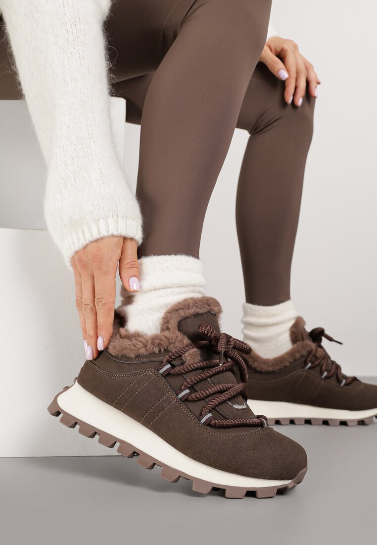 Brązowe Sneakersy Typu Śniegowce na Tłoczonej Platformie Sierrna