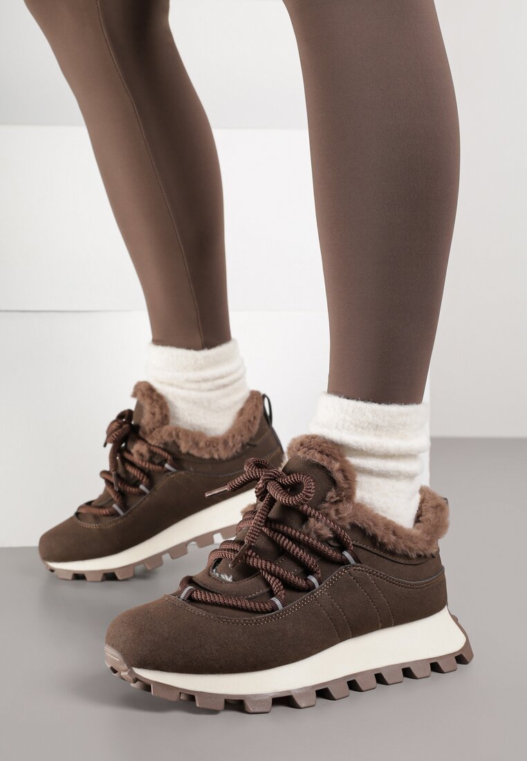 Brązowe Sneakersy Typu Śniegowce na Tłoczonej Platformie Sierrna