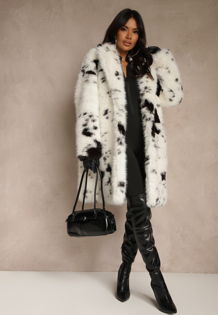 Biało-Brązowy Długi Futrzany Płaszcz w Krowie Łaty Otirona