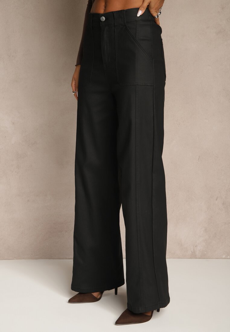 Czarne Spodnie Wide Leg Regular Waist z Imitacji Skóry Lanavea