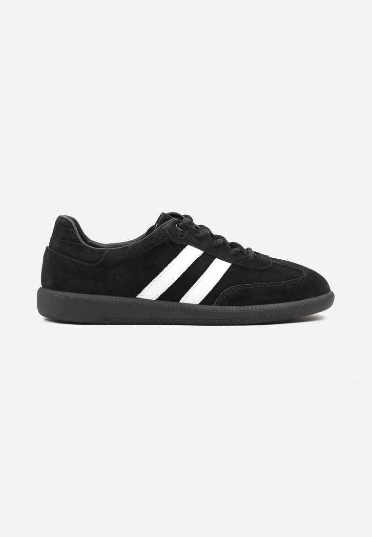 Czarno-Białe Płaskie Sneakersy ze Skóry Naturalnej z Ozdobnymi Paskami Nelarielis