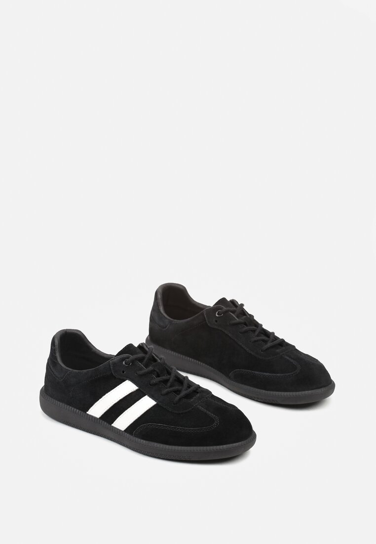 Czarno-Białe Płaskie Sneakersy ze Skóry Naturalnej z Ozdobnymi Paskami Nelarielis