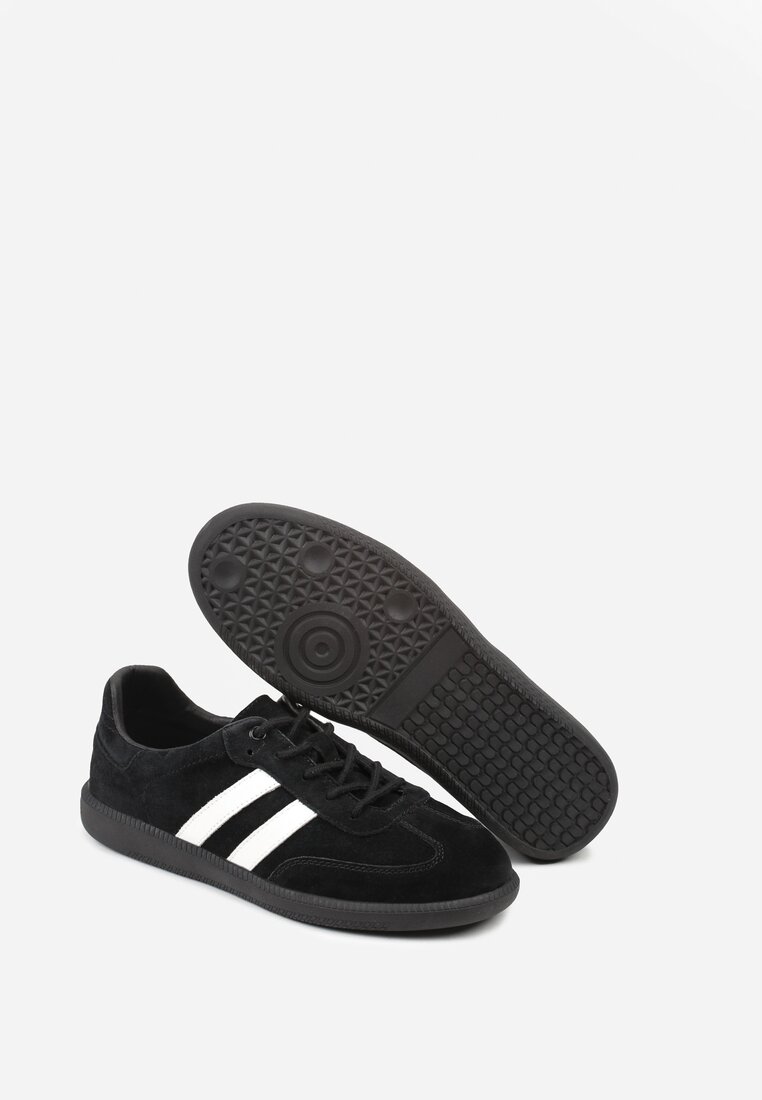 Czarno-Białe Płaskie Sneakersy ze Skóry Naturalnej z Ozdobnymi Paskami Nelarielis