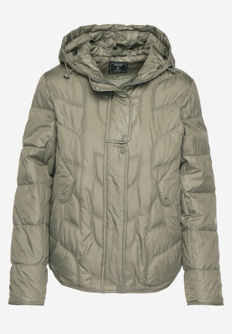 Jasnozielona Kurtka Przejściowa z Kapturem w Oryginalne Pikowane Przeszycia Arivitta
