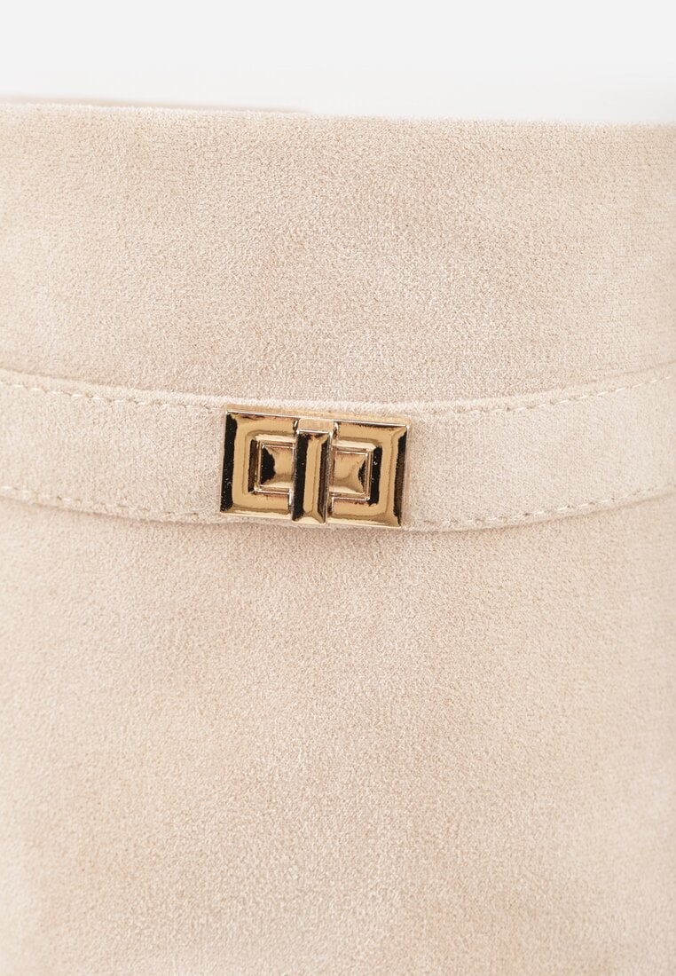 Beżowe Marszczone Kozaki na Słupkowym Obcasie z Wywiniętą Cholewką Runella