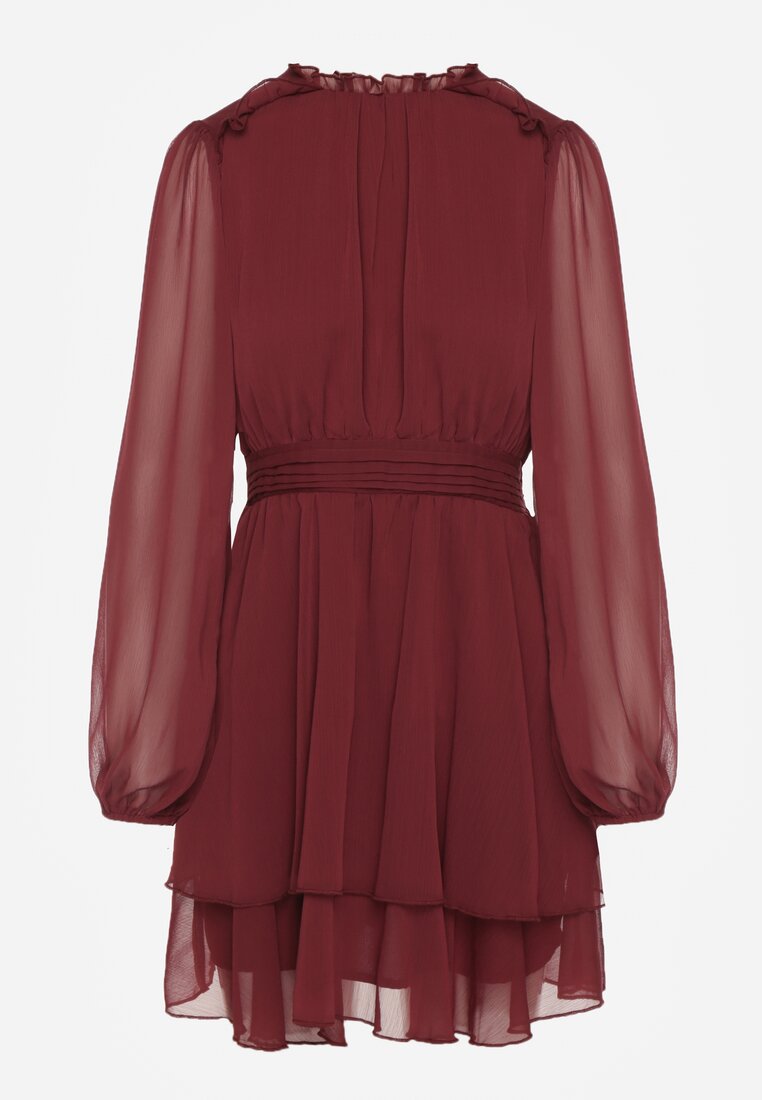 Bordowa Szyfonowa Sukienka Mgiełka o Rozkloszowanym Kroju z Bufiastymi Rękawami Aziva