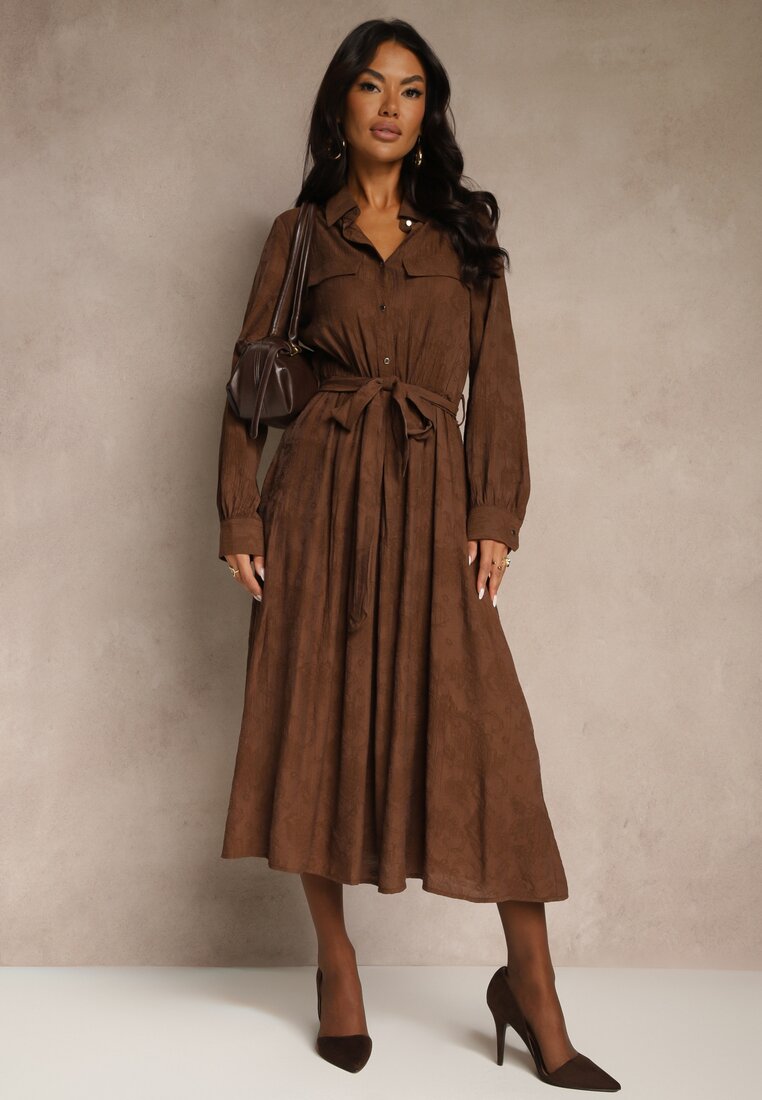 Brązowa Koszulowa Sukienka z Wiskozy o Rozkloszowanym Fasonie z Wiązaniem Isozera