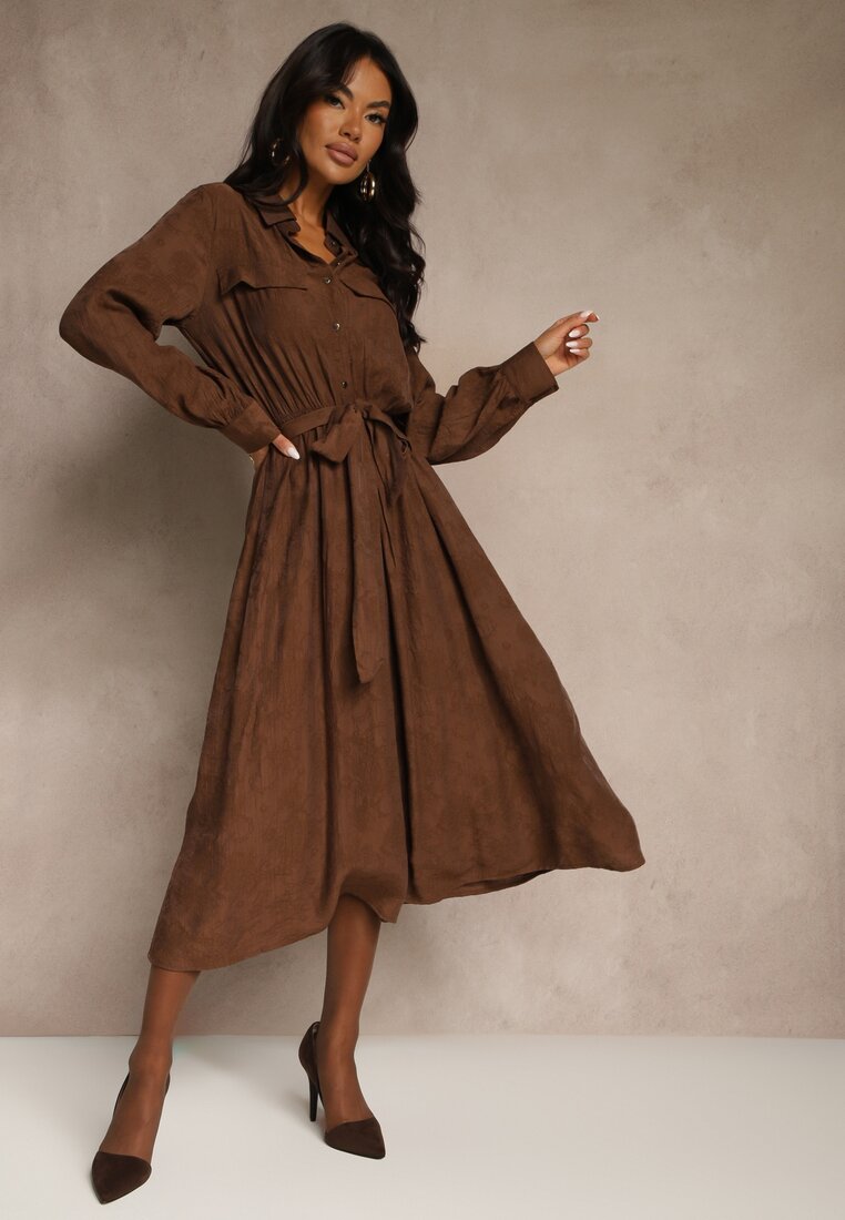 Brązowa Koszulowa Sukienka z Wiskozy o Rozkloszowanym Fasonie z Wiązaniem Isozera