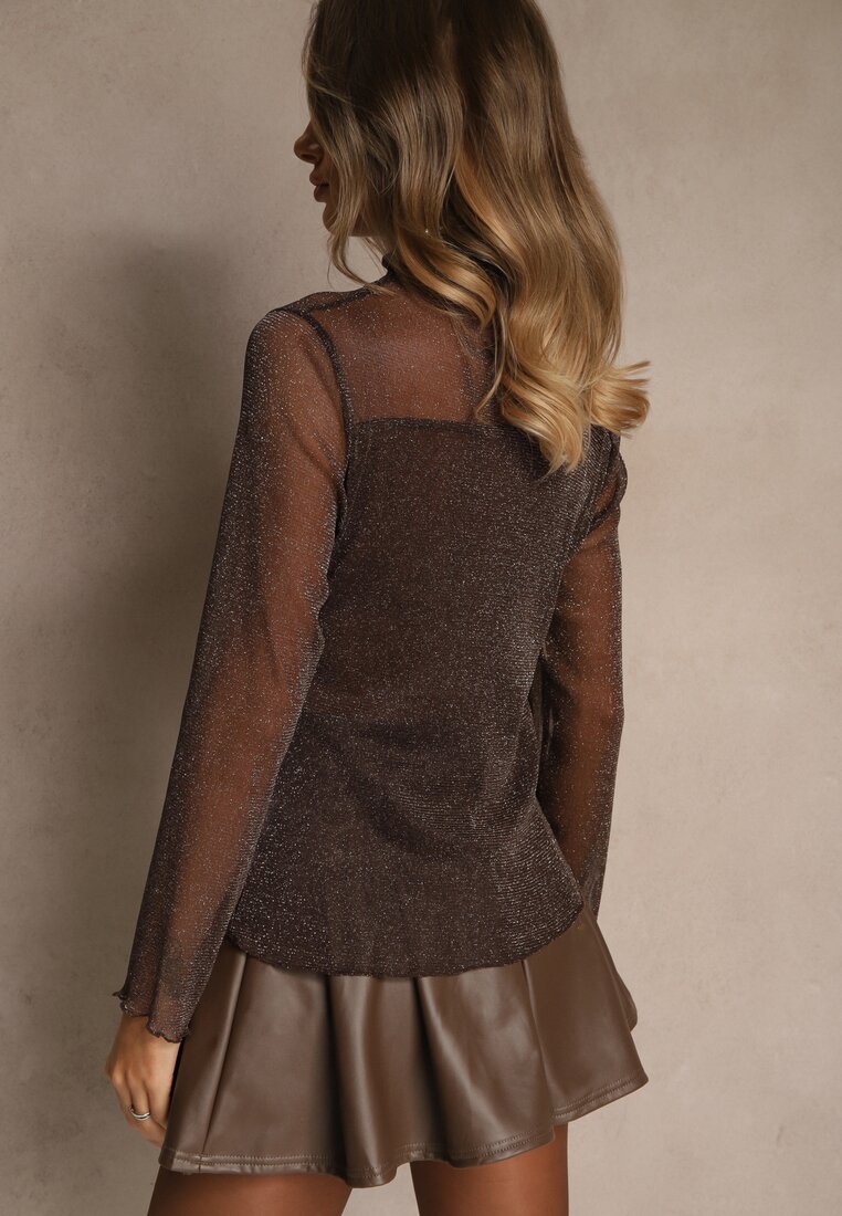 Brązowa Bluzka Longsleeve z Golfem z Siateczki z Metaliczną Nitką Azeda