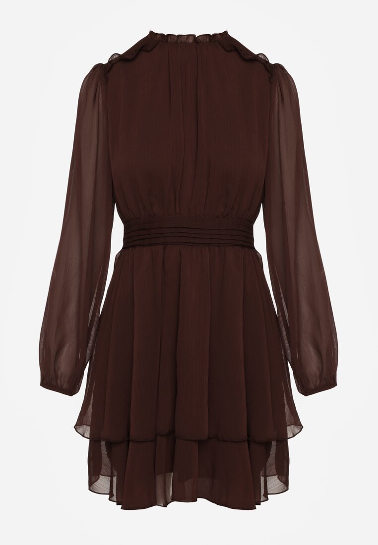 Brązowa Szyfonowa Sukienka Mgiełka o Rozkloszowanym Kroju z Bufiastymi Rękawami Aziva