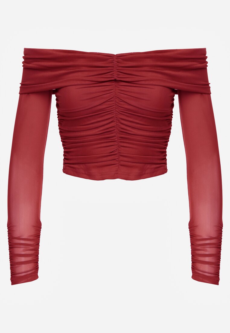 Bordowa Drapowana Bluzka VICES z Odkrytymi Ramionami i Siateczkowymi Rękawami Atevite