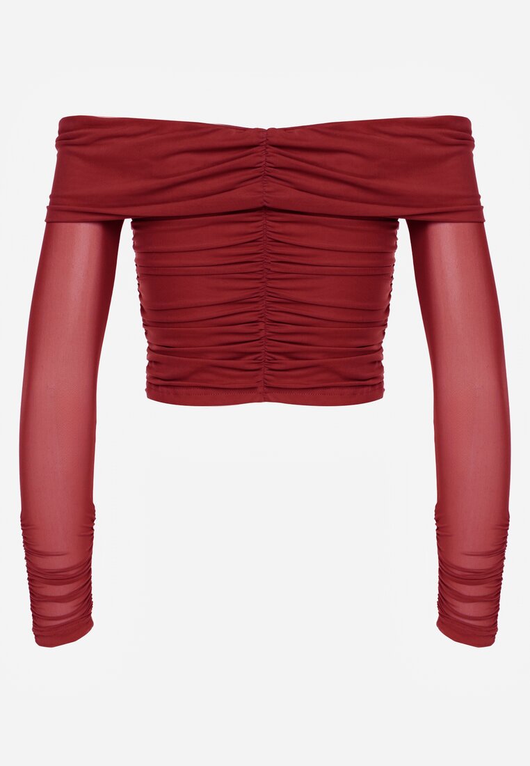 Bordowa Drapowana Bluzka VICES z Odkrytymi Ramionami i Siateczkowymi Rękawami Atevite