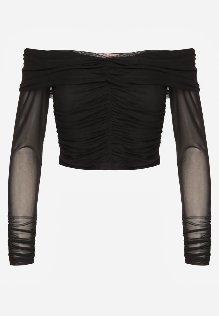 Czarna Drapowana Bluzka VICES z Odkrytymi Ramionami i Siateczkowymi Rękawami Atevite