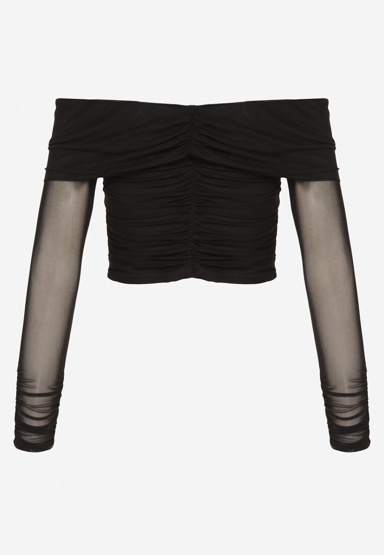 Czarna Drapowana Bluzka VICES z Odkrytymi Ramionami i Siateczkowymi Rękawami Atevite