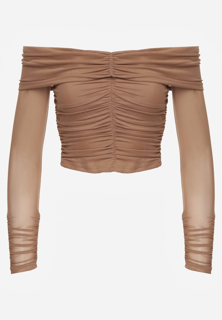Ciemnobeżowa Drapowana Bluzka VICES z Odkrytymi Ramionami i Siateczkowymi Rękawami Atevite