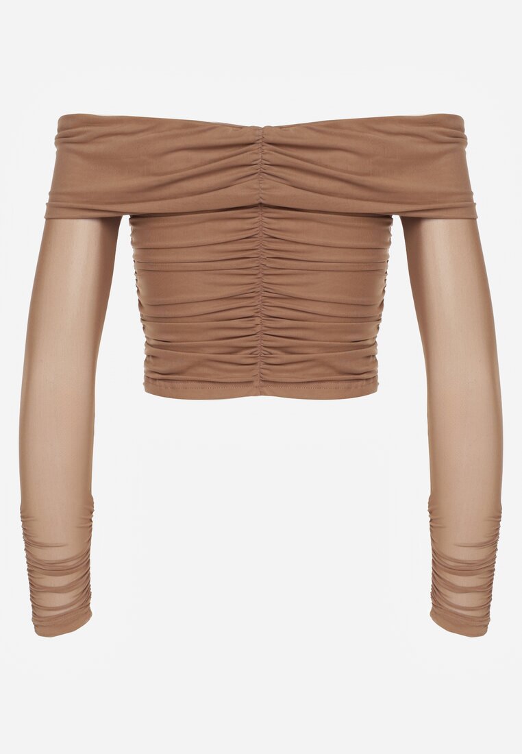 Ciemnobeżowa Drapowana Bluzka VICES z Odkrytymi Ramionami i Siateczkowymi Rękawami Atevite