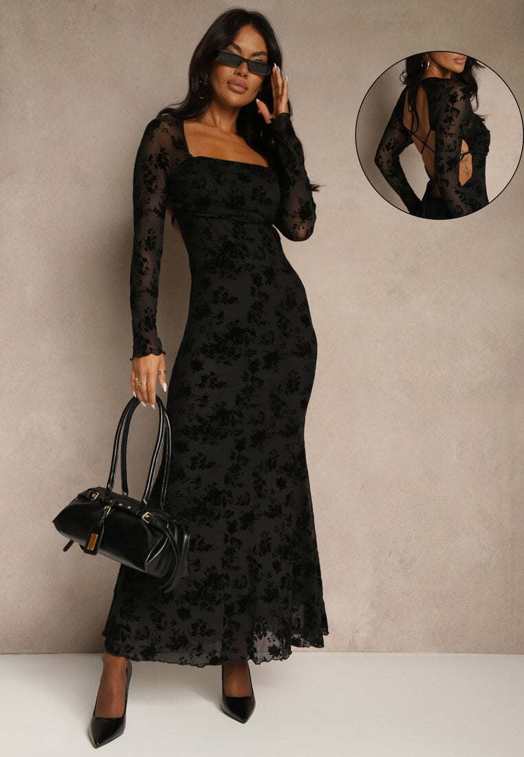 Czarna Sukienka VICES Bodycon z Siateczki Ozdobionej Wzorem w Kwiaty Rivita