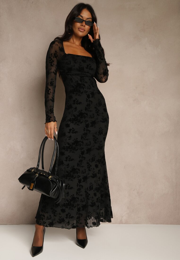 Czarna Sukienka VICES Bodycon z Siateczki Ozdobionej Wzorem w Kwiaty Rivita