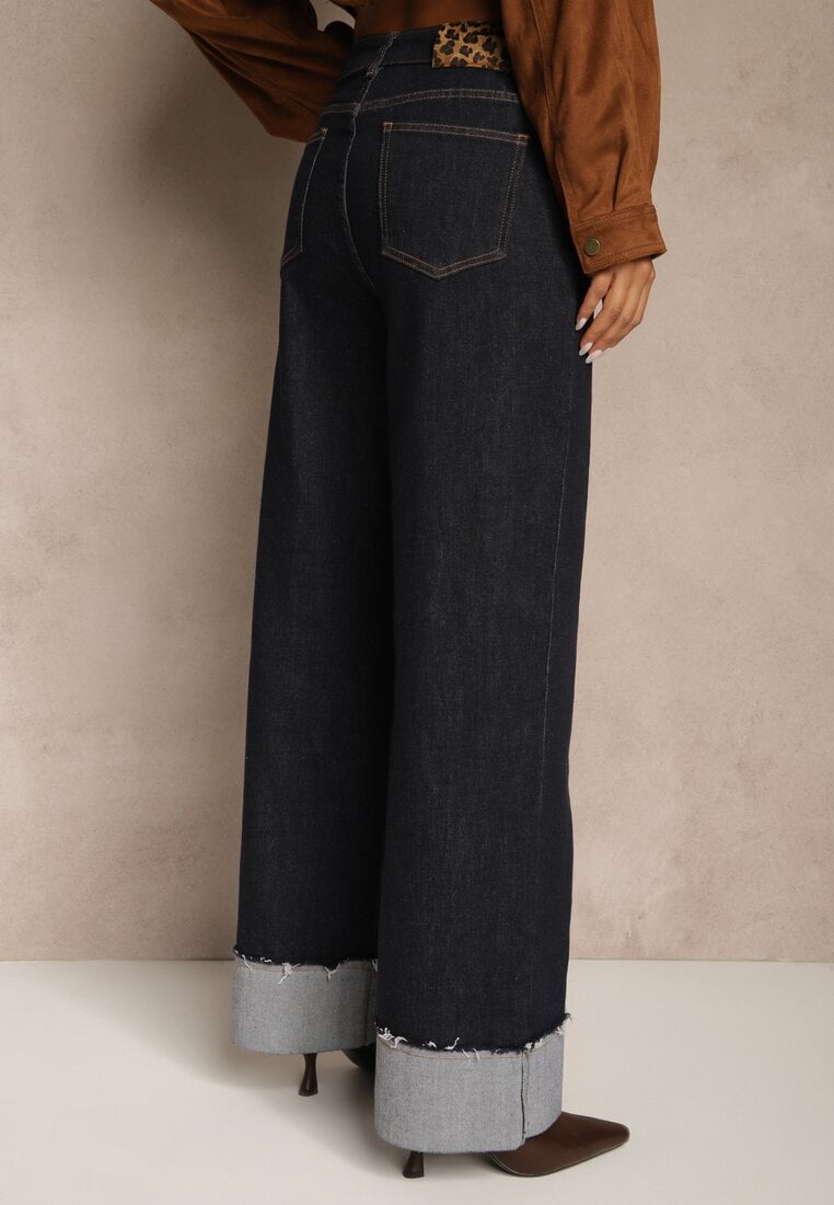 Granatowe Jeansy Wide Leg z Ozdobnie Podwiniętymi Nogawkami Zenesea