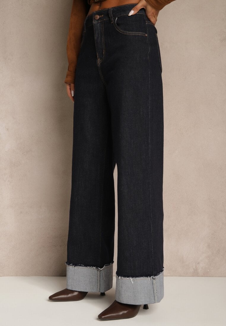 Granatowe Jeansy Wide Leg z Ozdobnie Podwiniętymi Nogawkami Zenesea