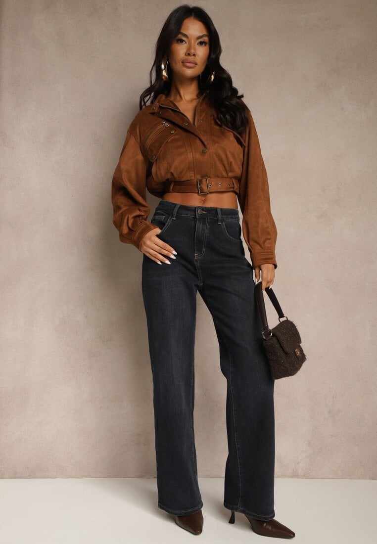 Granatowe Jeansy High Waist Wide Leg z Domieszką Wiskozy Zenisia