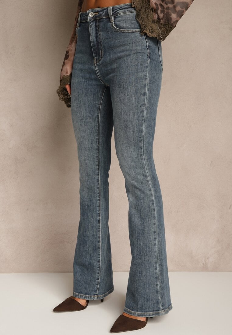 Niebieskie Jeansy Regular Waist z Bawełny o Kroju Dzwonów Zenirae
