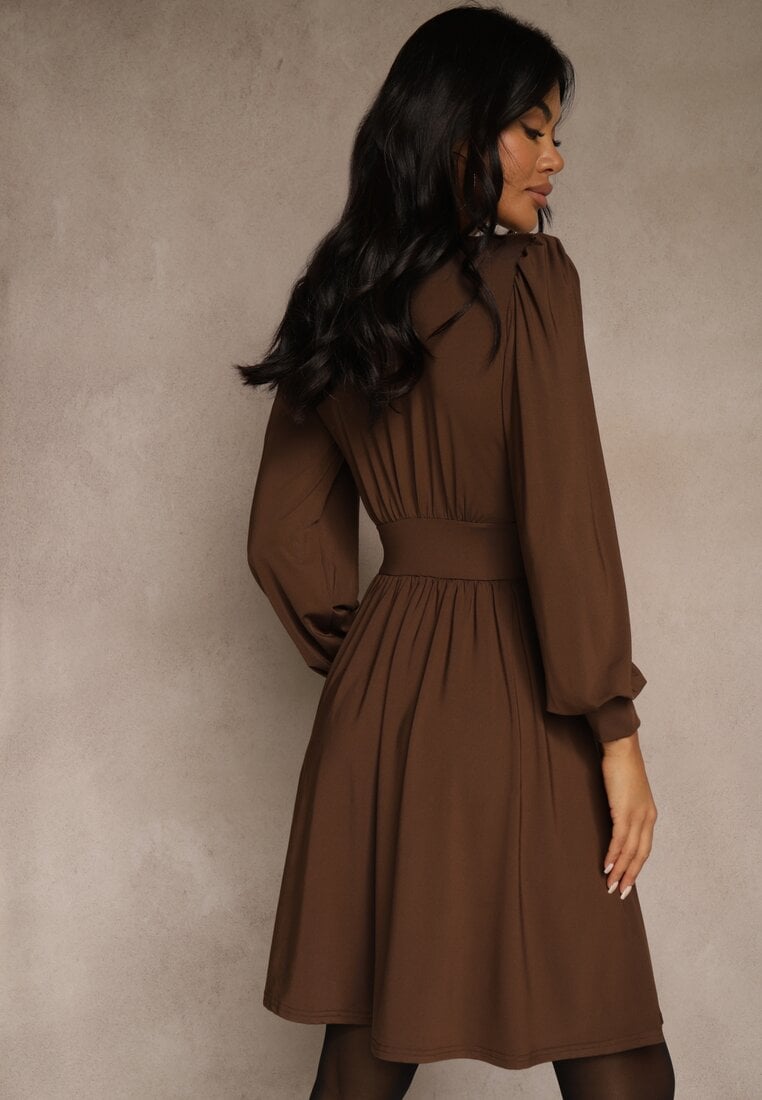 Brązowa Sukienka z Wiskozą o Rozkloszowanym Kroju Selaitea