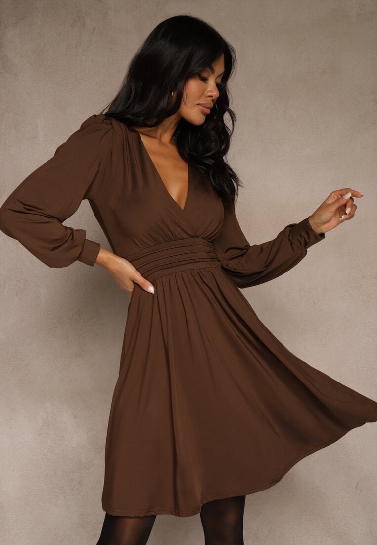 Brązowa Sukienka z Wiskozą o Rozkloszowanym Kroju Selaitea