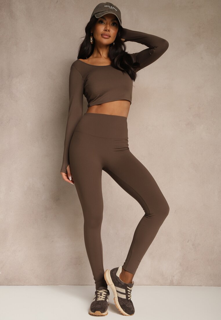 Brązowe Legginsy High Waist Ozdobione Przeszyciem Belanessa