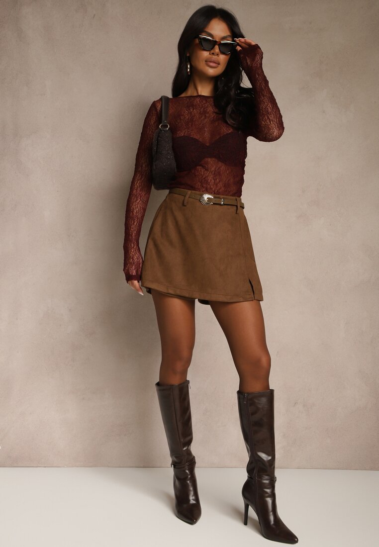 Brązowe Spódnico-Szorty High Waist z Ozdobnym Paskiem Korelea