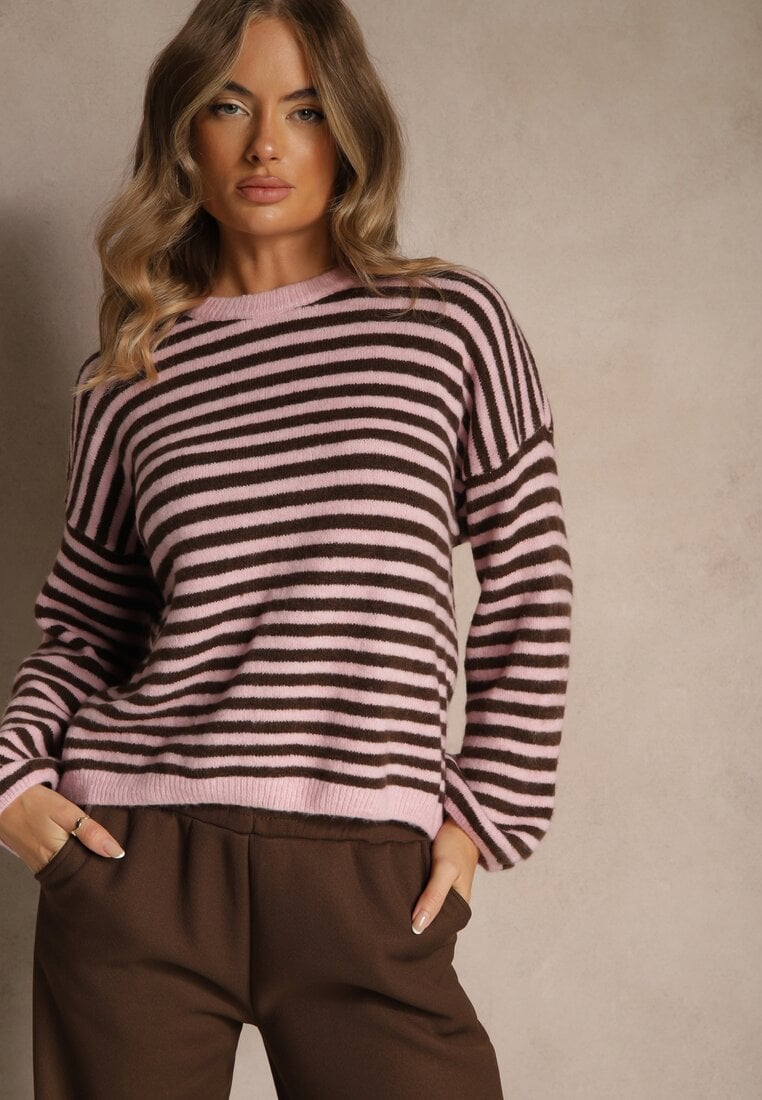 Różowy Oversizowy Sweter w Paski z Domieszką Wełny i Wiskozy Tidania