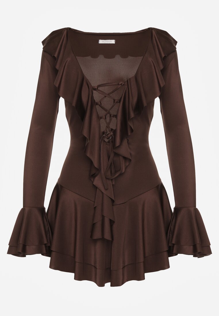 Brązowa Sukienka o Taliowanym Kroju z Falbanami Tiseania