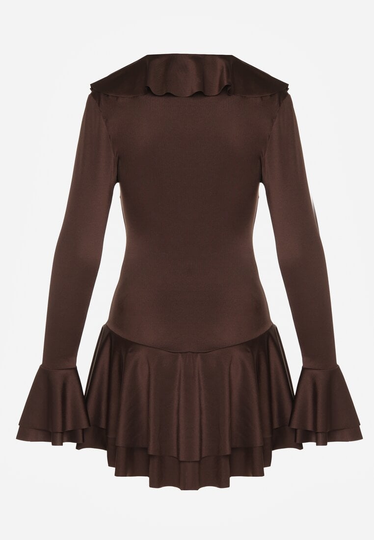 Brązowa Sukienka o Taliowanym Kroju z Falbanami Tiseania