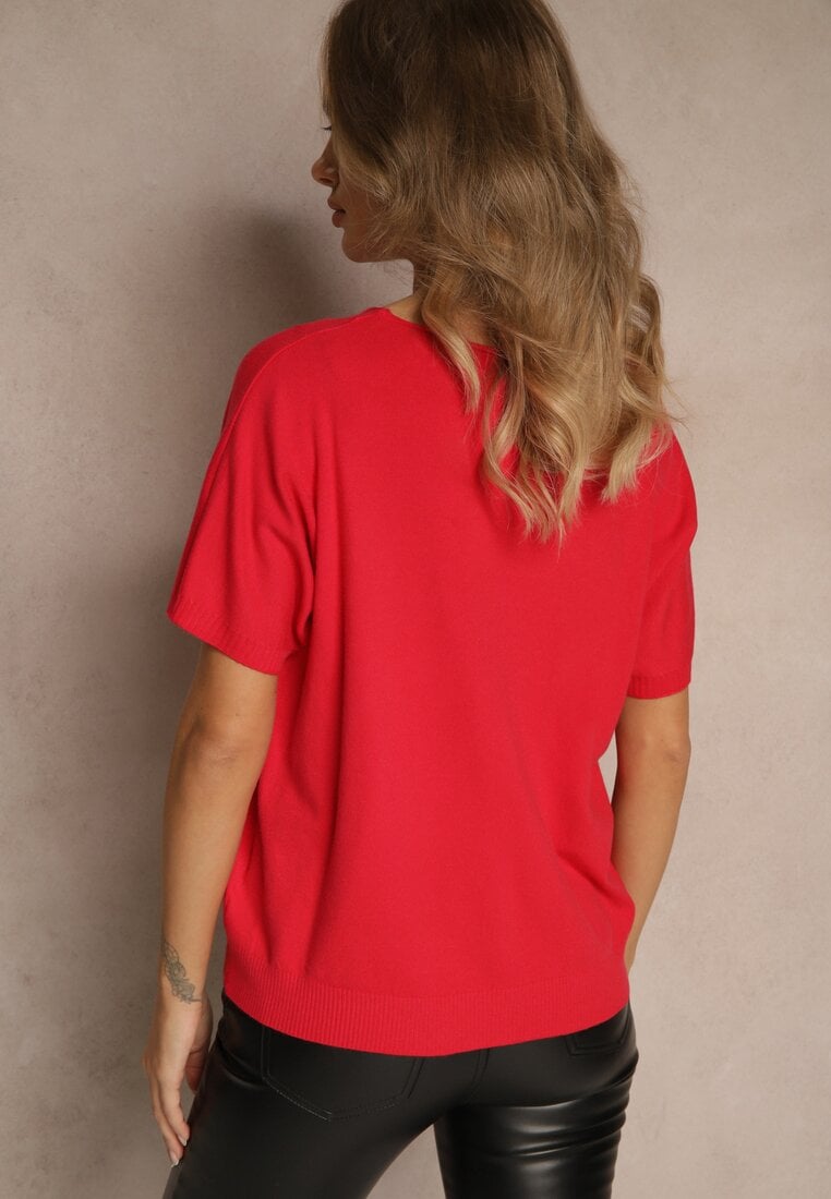 Czerwony T-shirt z Dzianiny z Dekoltem w Serek Fenalise
