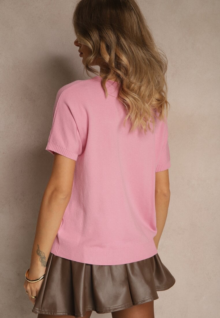 Różowy T-shirt z Dzianiny z Dekoltem w Serek Fenalise