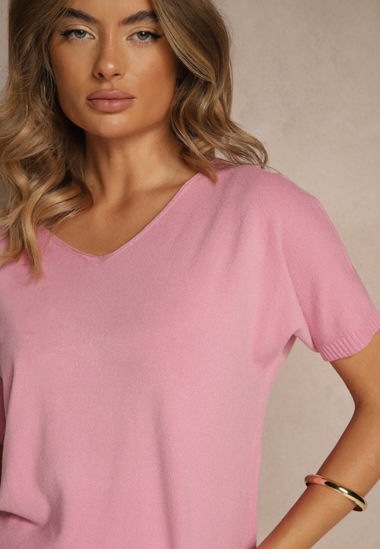 Różowy T-shirt z Dzianiny z Dekoltem w Serek Fenalise
