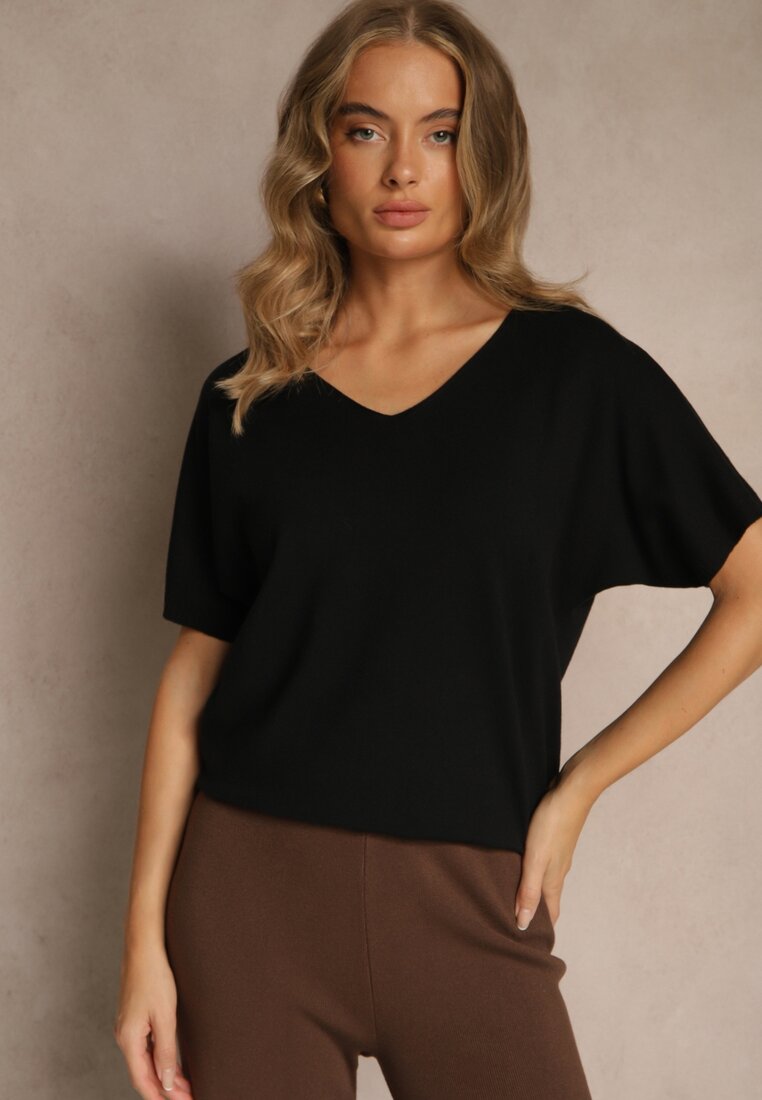Czarny T-shirt z Dzianiny z Dekoltem w Serek Fenalise