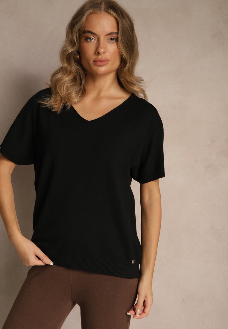 Czarny T-shirt z Dzianiny z Dekoltem w Serek Fenalise