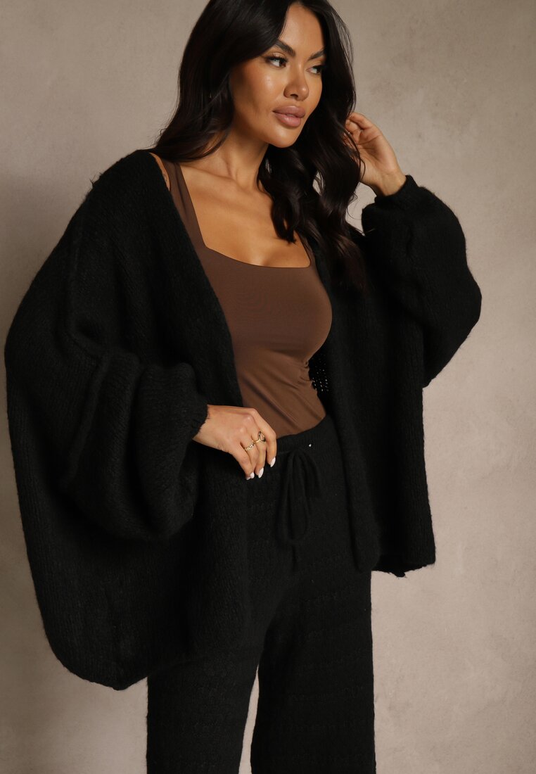 Czarny Niezapinany Kardigan Nietoperzowy z Dodatkiem Wełny i Wiskozy Rallidia