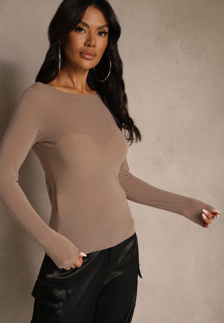 Beżowa Bluzka Longsleeve z Wiskozy i Kaszmiru Unelle