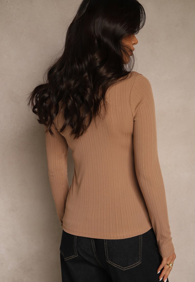 Ciemnobeżowa Klasyczna Bluzka Longsleeve z Golfem Raleia