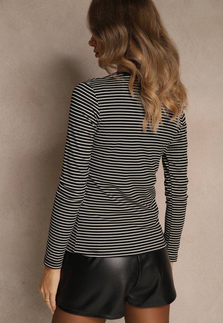 Czarna Bluzka Longsleeve Ozdobiona Paskami i Cyrkoniami Ralenea