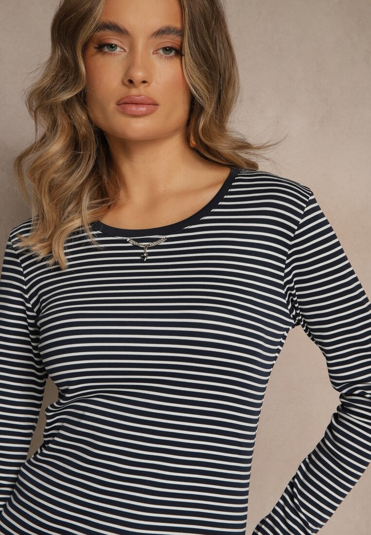 Granatowa Bluzka Longsleeve Ozdobiona Paskami i Cyrkoniami Ralenea